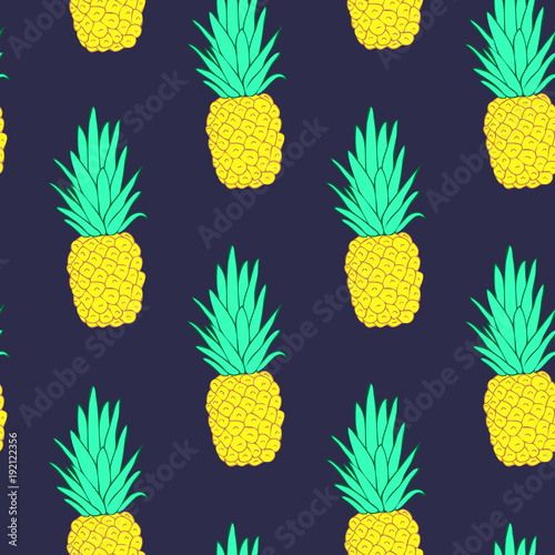 Colorful pineapple vector seamless pattern for kitchen design, wallpapers, fabrics, textiles, covers, wrappings, etc. Dark blue background.