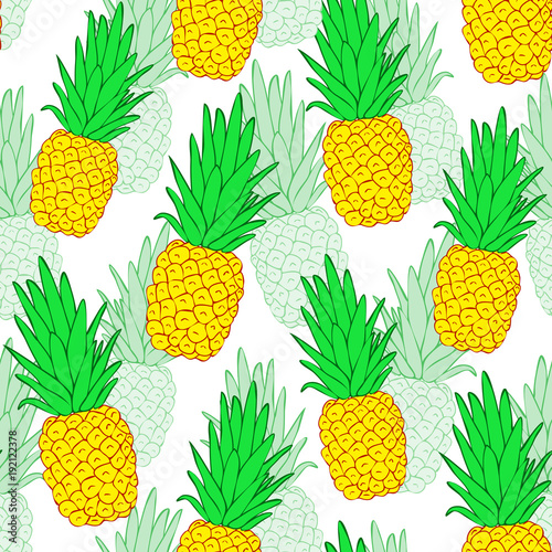 Colorful pineapple vector seamless pattern for kitchen design, wallpapers, fabrics, textiles, covers, wrappings, etc. White background.