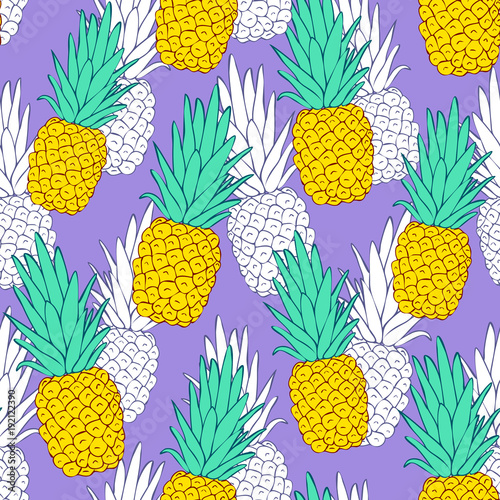 Colorful pineapple vector seamless pattern for kitchen design, wallpapers, fabrics, textiles, covers, wrappings, etc. Lavender background.