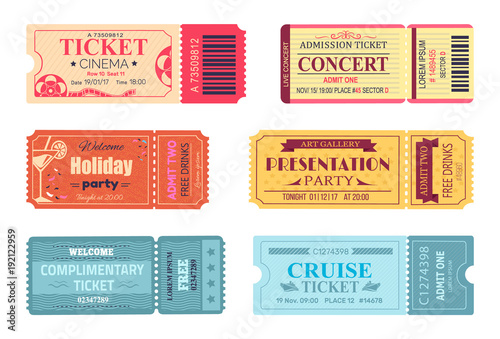 Tickets and Admissions Set Vector Illustration