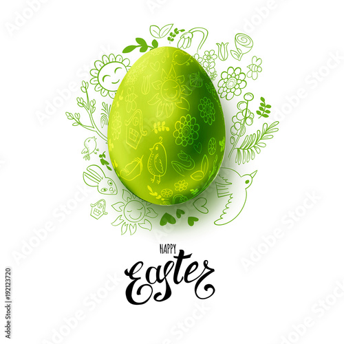 Canvas Print Template vector card with hand drawn doodle elements and green realistic egg