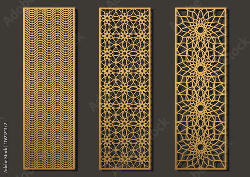 Laser cut template panels set. Die cut geometric pattern rectangle shape for metal , wooden, paper, engraving, stencil, bookmark. Vector illustration design.
