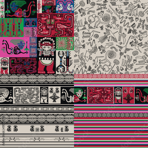 4 background with patterns, figures, colors symbolizing Peruvian folklore. Rock paintings, ornaments, decorative elements, united in seamless patterns.