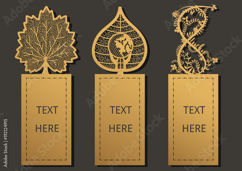 Laser cut with Leaf set of ornate cards. Template for greeting card ,motivation tag, small card, bookmark and label with space for your text. Vector illustration design.