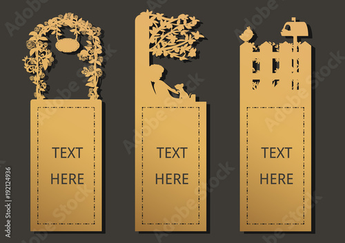 Laser cut with Garden set of ornate cards. Template for greeting card ,motivation tag, small card, bookmark and label with space for your text. Vector illustration design.