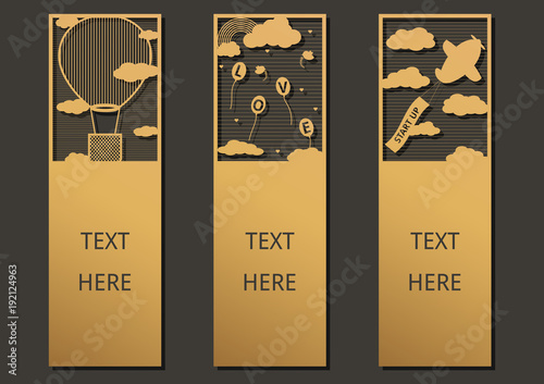 Laser cut with Balloon set of ornate cards. Template for greeting card ,motivation tag, small card, bookmark and label with space for your text. Vector illustration design.