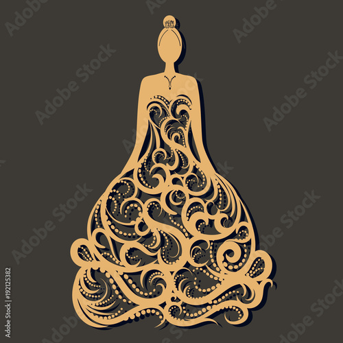 Ornate wedding dress laser cut. Template for greeting card  wedding  invitation  gift card  bookmark and label with space for your text. Vector illustration design.