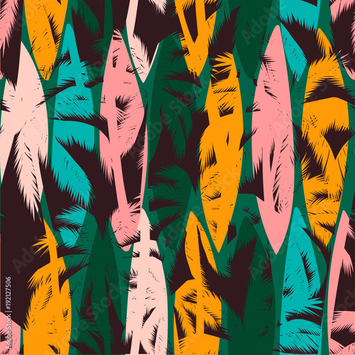 Seamless exotic pattern with tropical palms and artistic background.