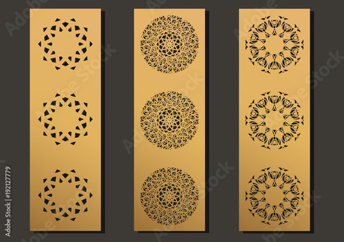 laser engraving panels set. Contemporary geometric pattern for metal cutting, paper screen, laser metallic, wood machine, partition, modular, wall cut. Arabian interior design vector illustration.