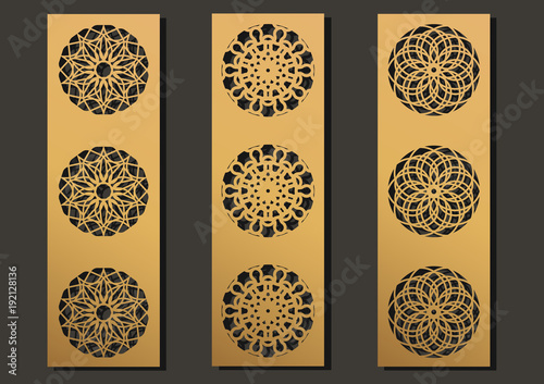laser engraving panels set. Contemporary geometric pattern for metal cutting, paper screen, laser metallic, wood machine, partition, modular, wall cut. Arabian interior design vector illustration.