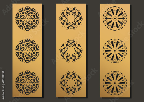 laser engraving panels set. Contemporary geometric pattern for metal cutting, paper screen, laser metallic, wood machine, partition, modular, wall cut. Arabian interior design vector illustration.