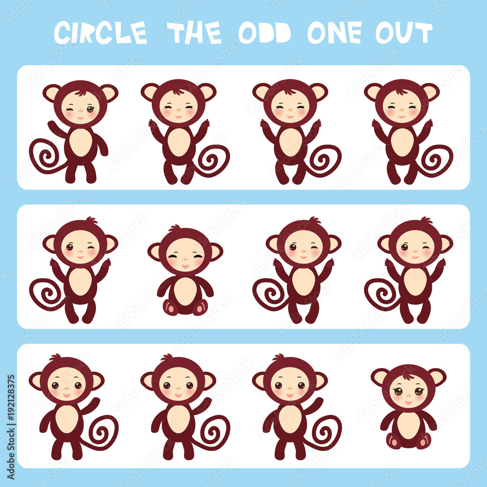 Visual logic puzzle Circle the odd one out. Kawaii brown monkey with pink  cheeks and winking eyes, pastel colors on blue background. Vector Stock  Vector | Adobe Stock