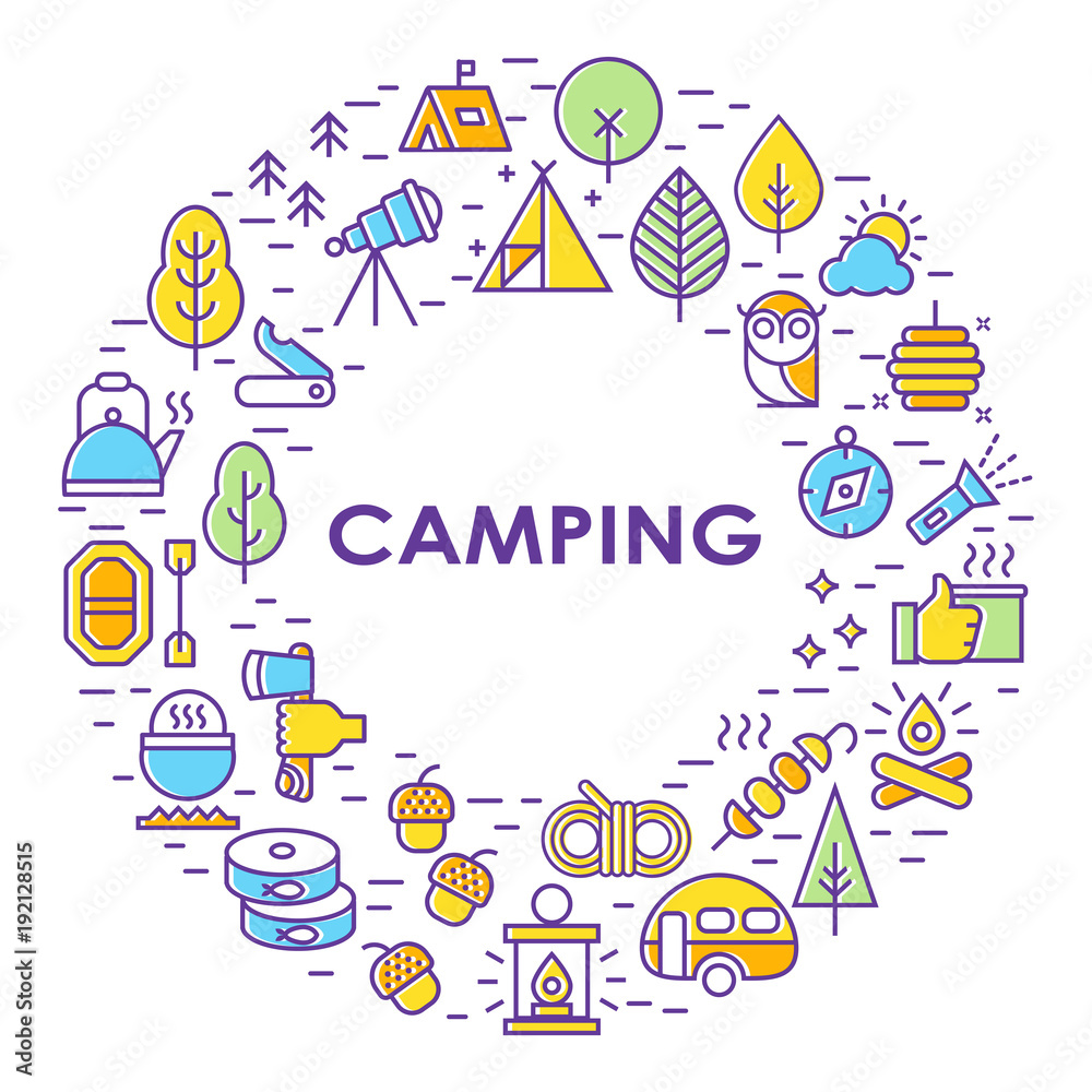 Outline illustration of  vector icons for web. Symbols of camping, outdoor activity, campgear and equipment for tourism. Travel.Camping line set.