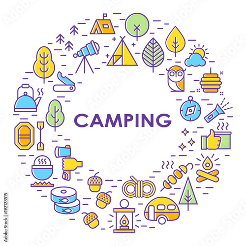 Outline illustration of  vector icons for web. Symbols of camping  outdoor activity  campgear and equipment for tourism. Travel.Camping line set.