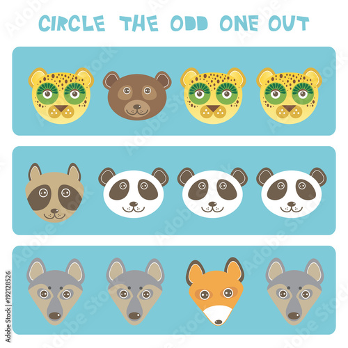 Visual logic puzzle Circle the odd one out. Kawaii animals fox raccoon panda bear wolf dog leopard  pastel colors on blue background. Vector