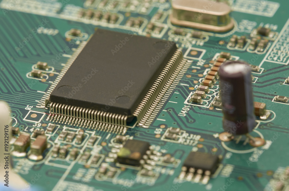 Electronic circuit board, PCB (Printed circuit board) with processor, microchips and glowing digital electronic signals Electronic circuit board, PCB (Printed circuit board) with processor, microchips and glowing digital electronic signals