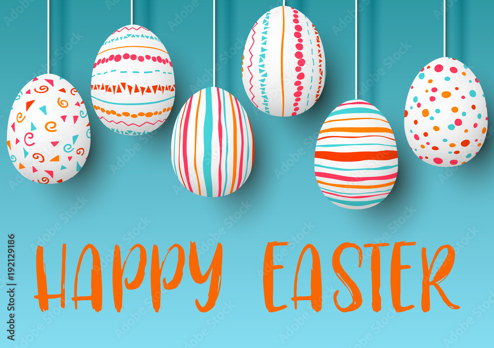 Set of white pending easter eggs with different pink, orange, red, stripes, patterns points, confetti, waves, flourishes on blue Set of white pending easter eggs with different pink, orange, red, stripes, patterns points, confetti, waves, flourishes on blue