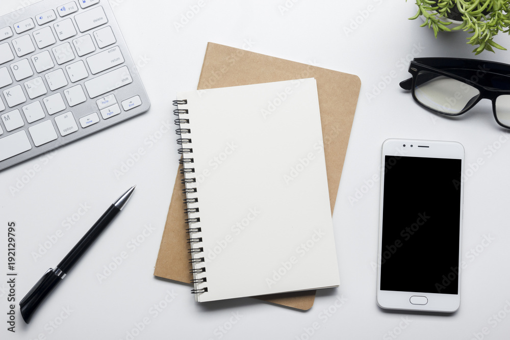 Office desk table with supplies. Flat lay Business workplace and objects. Top view. Copy space for text Office desk table with supplies. Flat lay Business workplace and objects. Top view. Copy space for text