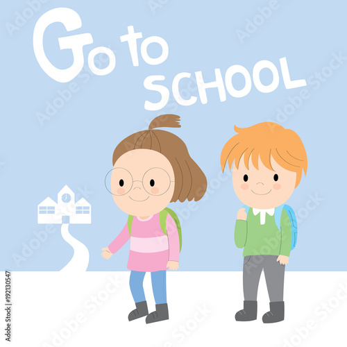 Cartoon cute boy and girl go to school vector. Blue background.