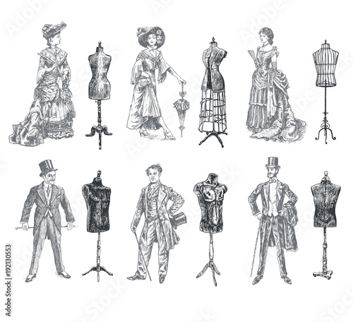 Ladies and Gentlemen body vintage mannequin set. Vintage tailor's dummy for body and Antique dressed men and women. Fashion and clothes. Human figure collection Retro Illustration, engraving style