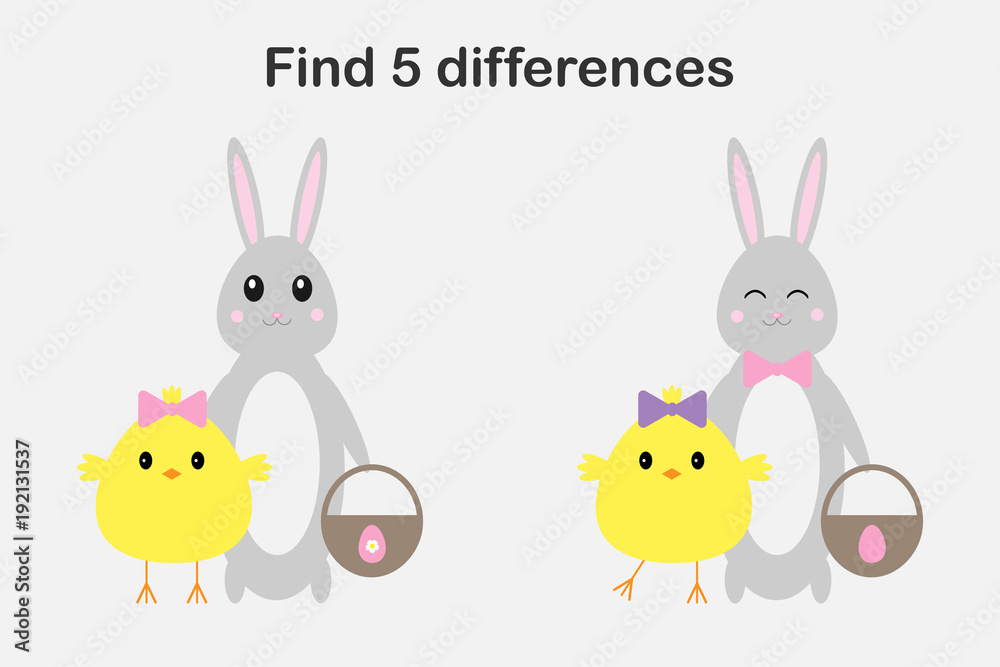 Fototapeta premium Find 5 differences, easter game for children, chick and bunny in cartoon style, education game for kids, preschool worksheet activity, task for the development of logical thinking, vector illustration