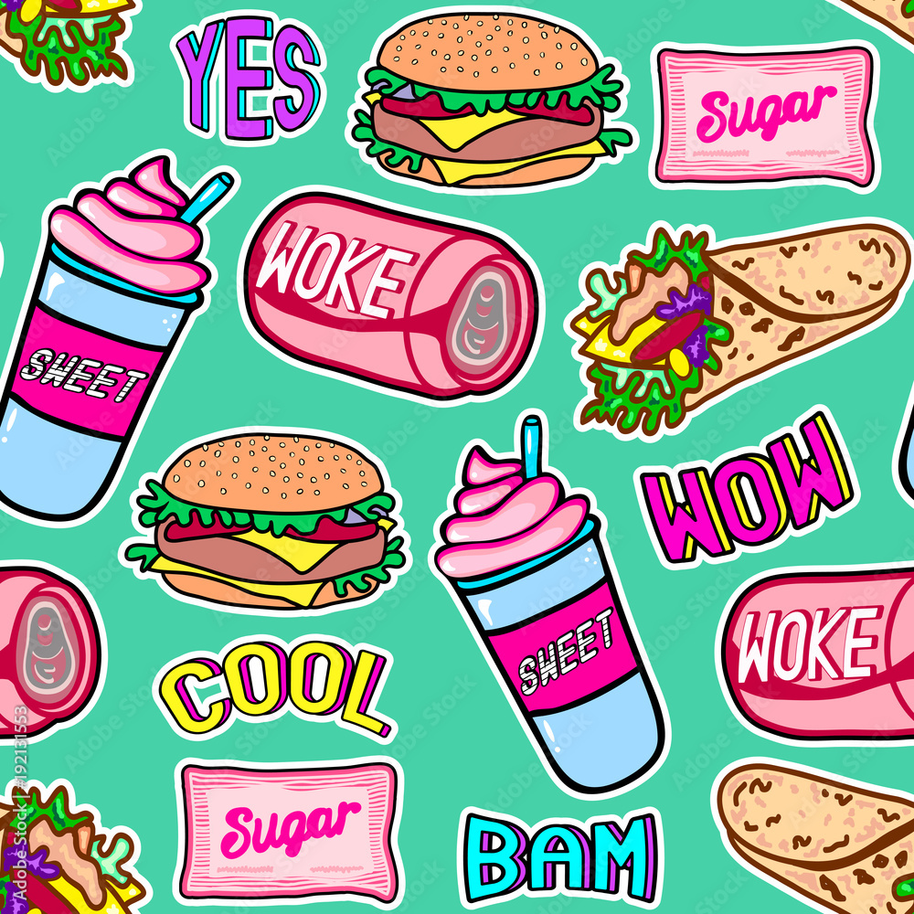 Fast food seamless pattern. Repeating background with sugar packs, canned beverages (carbonated drinks), chicken rolls, burgers, etc. Patches, badges, pins, stickers. Green background. Fast food seamless pattern. Repeating background with sugar packs, canned beverages (carbonated drinks), chicken rolls, burgers, etc. Patches, badges, pins, stickers. Green background.