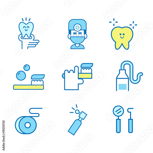 Dental care flat decorative icons set with stomatologist tools teeth care products and white smile symbols. Isolated vector illustration