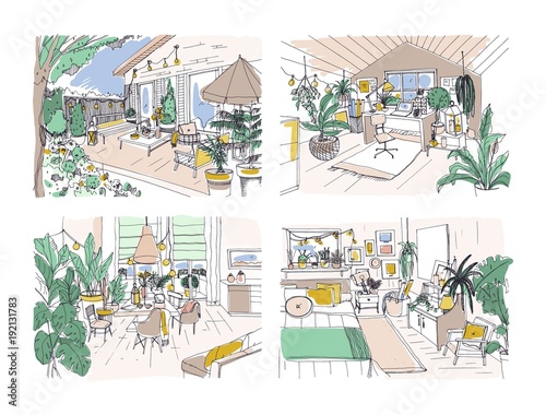 Collection of colored freehand drawings of cozy apartment furnished in Scandinavian hygge style. Set of rooms full of modern furniture. Stylish home interior design. Hand drawn vector illustration.