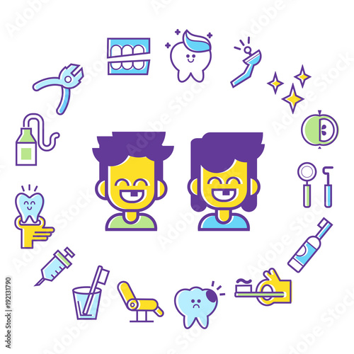 Dental care flat decorative icons set with stomatologist tools teeth care products and white smile symbols. Isolated vector illustration