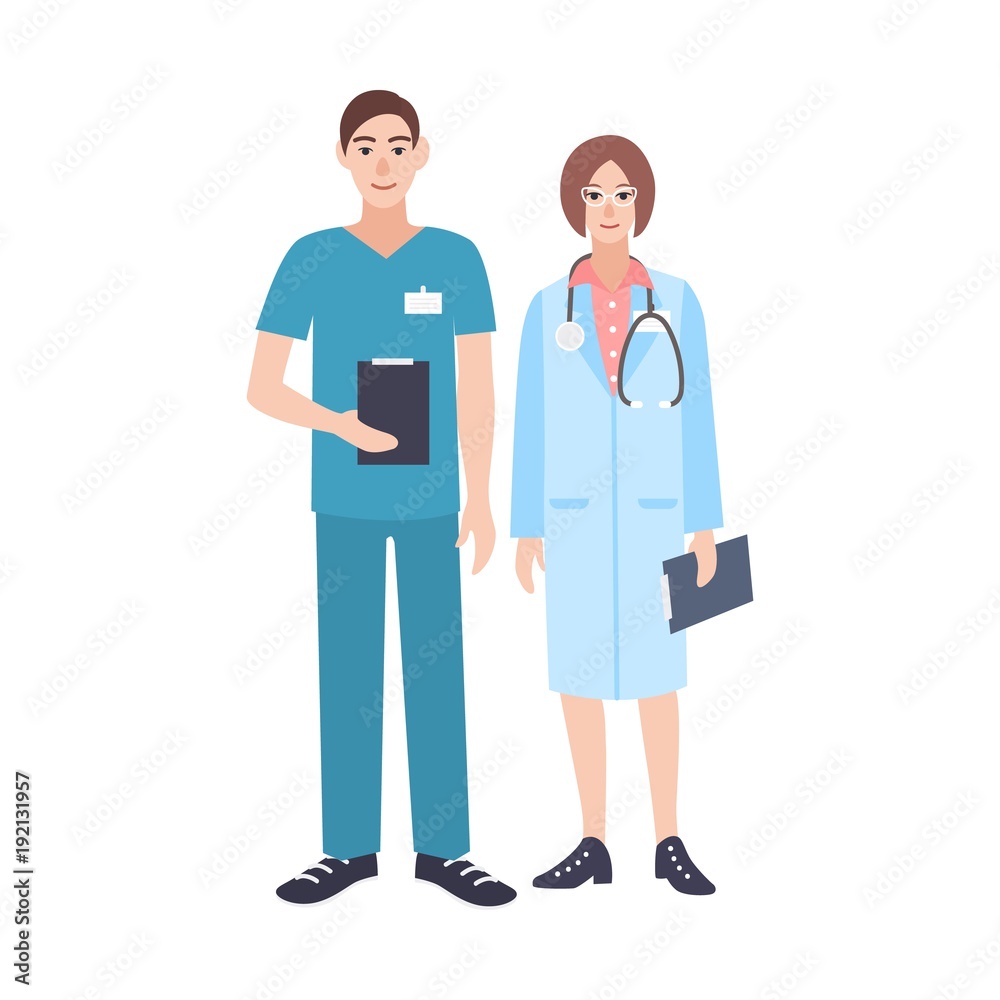 Pair of male and female doctors wearing scrubs and physician coat. Man and  woman medical practitioners dressed in uniform. Smiling cartoon characters  isolated on white background. Vector illustration. Stock Vector | Adobe
