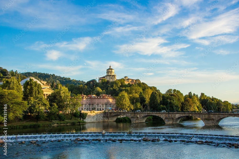 View on river Po in Turin and Monte dei Cappuccini where there is the church Santa Maria al Monte. Turin (Torino), Italy.
