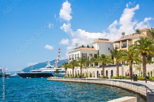 Montenegro. Embankment of Tivat city. View of Porto Montenegro Village. Montenegro. Embankment of Tivat city. View of Porto Montenegro Village. A small European city near the sea and mountains.