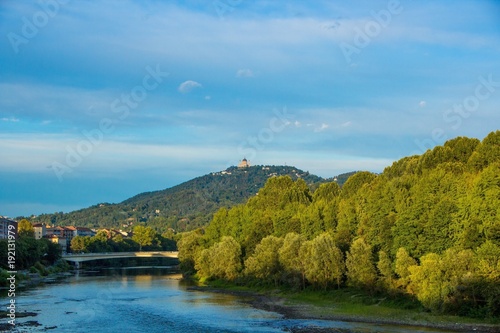 Panorama with river Po and Basilica of Superga. Turin (Torino), Italy.