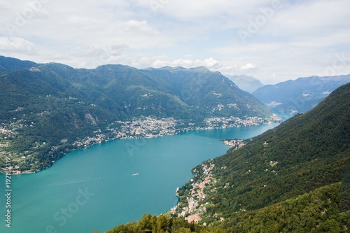 A beautiful little European town near a lake and mountains. Views of Lake Como from the Lighthouse Voltiano. Lighthouse named Alessandro Volta. Italy.