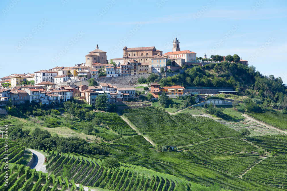 La Morra town in Piedmont, Langhe hills in Italy in a sunny day
