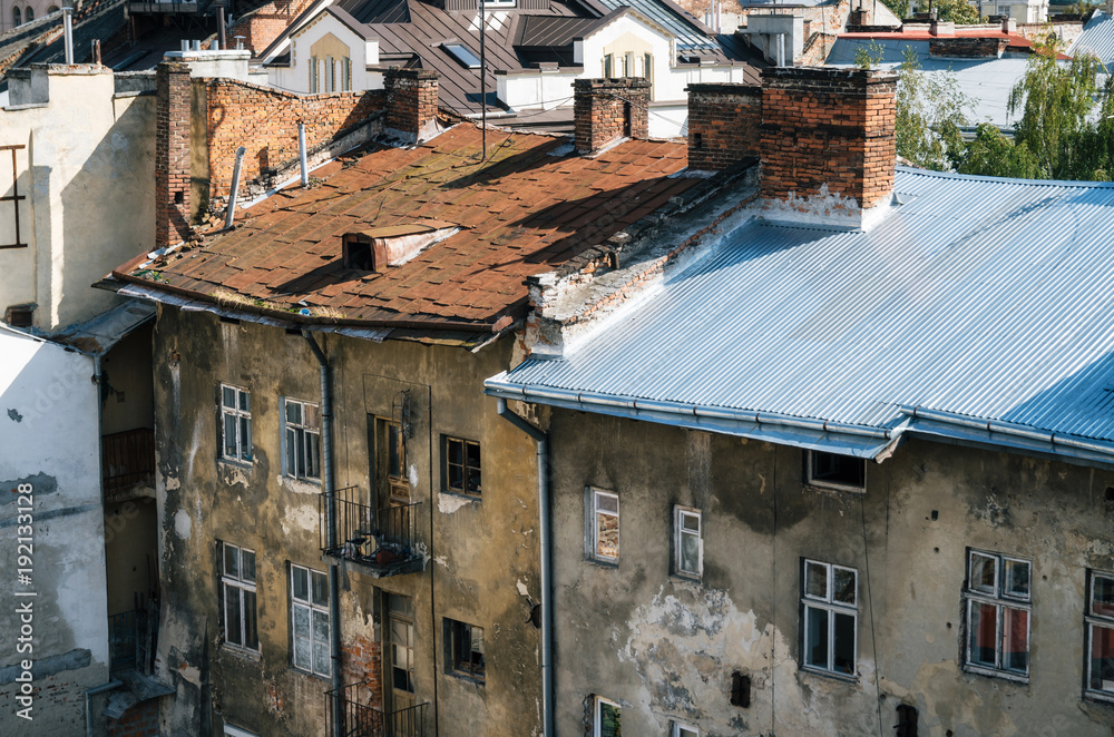 Old ramshackled roofs of houses of Lviv, Ukraine.