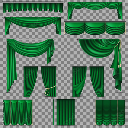 Green velvet silk curtains isolated. Transparent background only in EPS 10