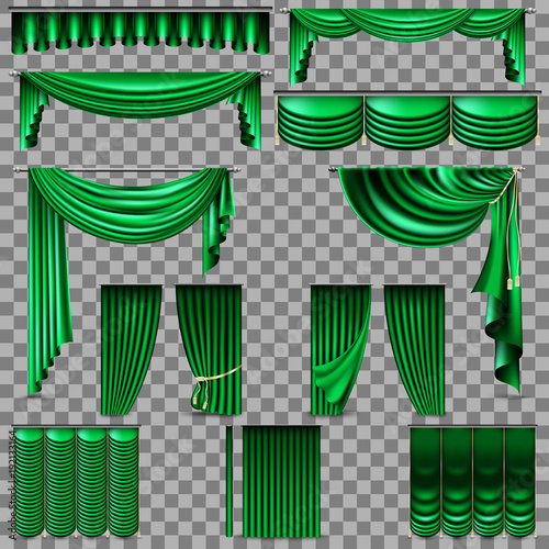 Green velvet silk curtains isolated. Transparent background only in EPS 10