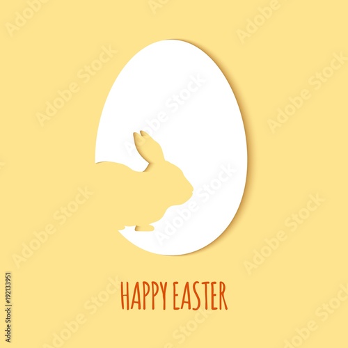 Happy Easter greeting card. A paper card in a craft paper cut style with egg layers and rabbit. Vector illustration. Greeting card easter bunny, egg scrapbooking for design of invitation gift present.