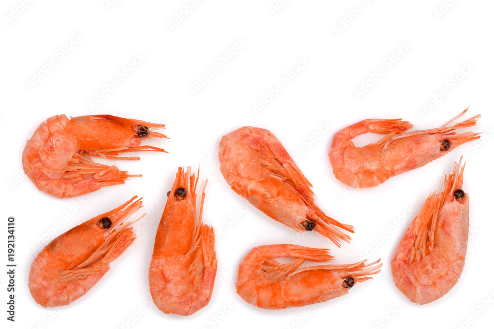 Red cooked prawn or shrimp isolated on white background with copy space for your text. Top view. Flat lay Red cooked prawn or shrimp isolated on white background with copy space for your text. Top view. Flat lay