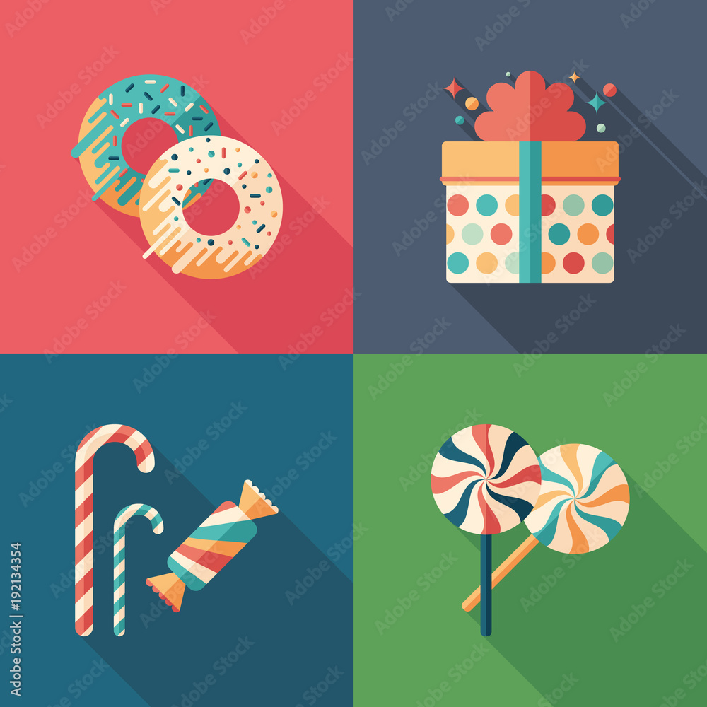 Sweets and party time flat square icons set.