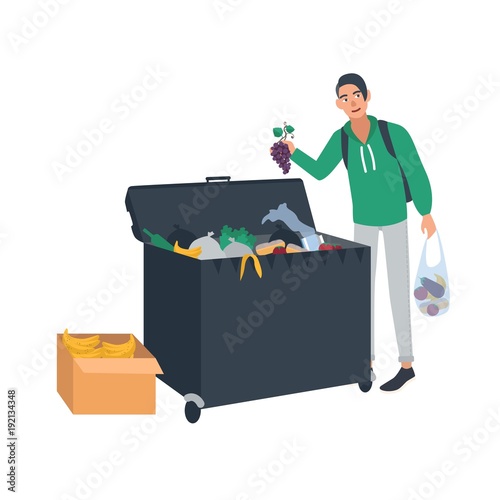 Young man collecting fruits and vegetables from waste container or trash bin. Male freegan searching for leftover food in dumpster. Cartoon character isolated on white background. Vector illustration.