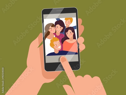 Hands holding smartphone with young smiling men and women displaying on screen. Friends taking selfie, group of happy people photographing themselves. Flat colorful cartoon vector illustration.