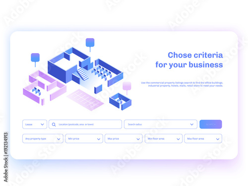 Find commercial real estate for your business. Choose criteria for office. Isometric vector illustation with buildings. Landing page concept