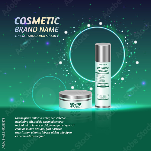 3D realistic cosmetic bottle ads template. Cosmetic brand advertising concept design with glitters and sparkles abstract sky background