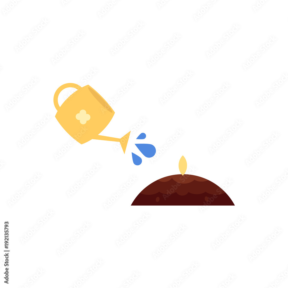 Fototapeta premium Vector flat yellow watering can with pouring water to ground seed icon. Isolated illustration gardening equipment for plant, flowers watering. ecology growth environment symbol on white background.