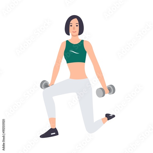 Woman in sports clothes holding pair of dumbbells and standing in lunge position isolated on white background