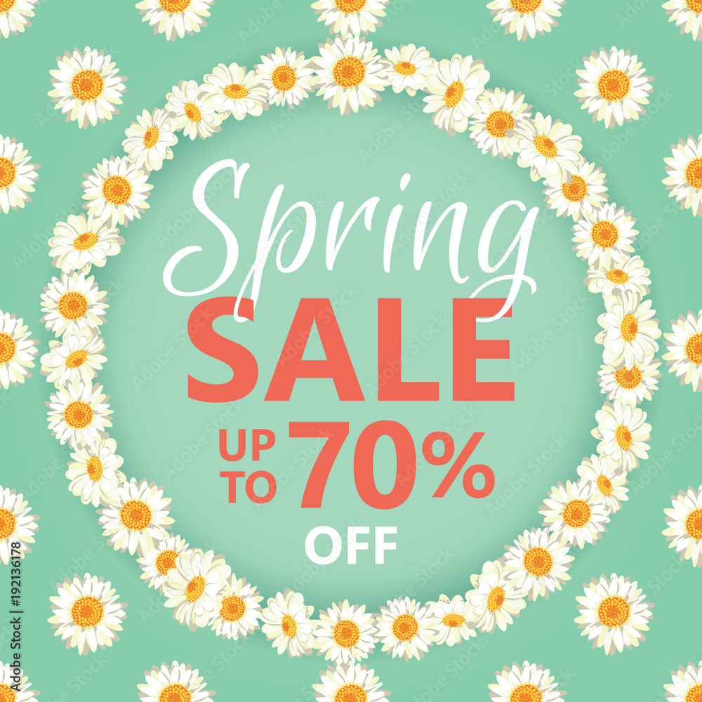 Spring sale banner with daisy chain and text on vintage blue background.