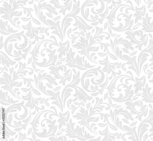 Floral pattern. Wallpaper baroque, damask. Seamless vector background. White and grey ornament.