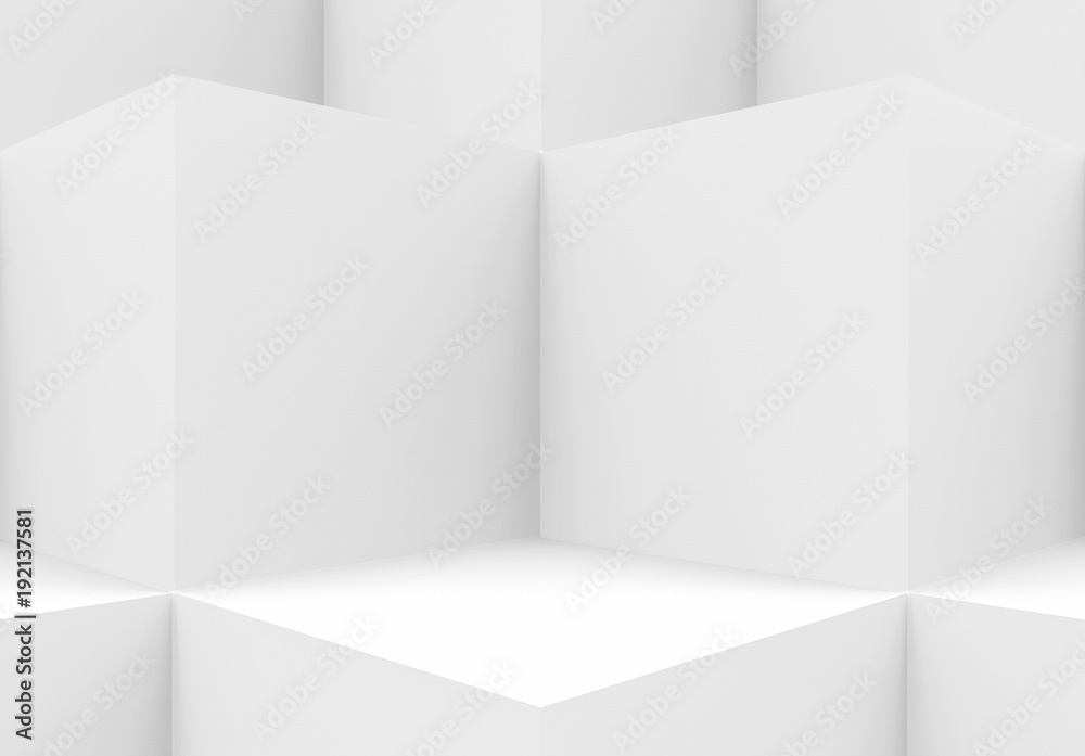 3d rendering. Abstract white cube boxes cornor wall background. 3d rendering. Abstract white cube boxes cornor wall background.